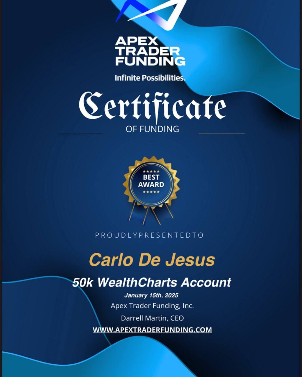 Apex Trader Funding — Certificate of Funding