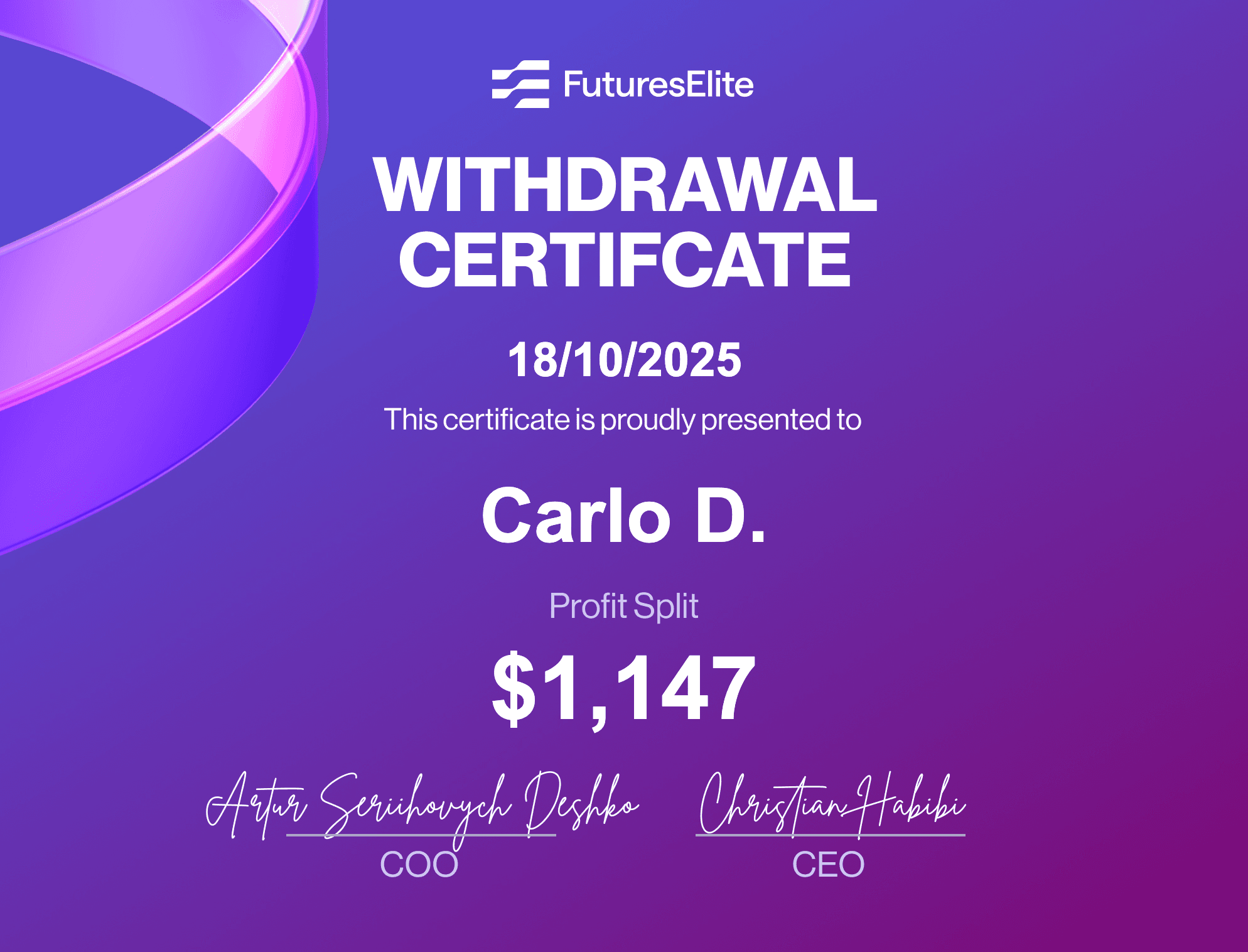 FuturesElite — Withdrawal Certificate