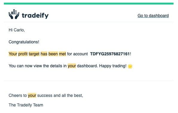 Tradeify — Profit Target Met